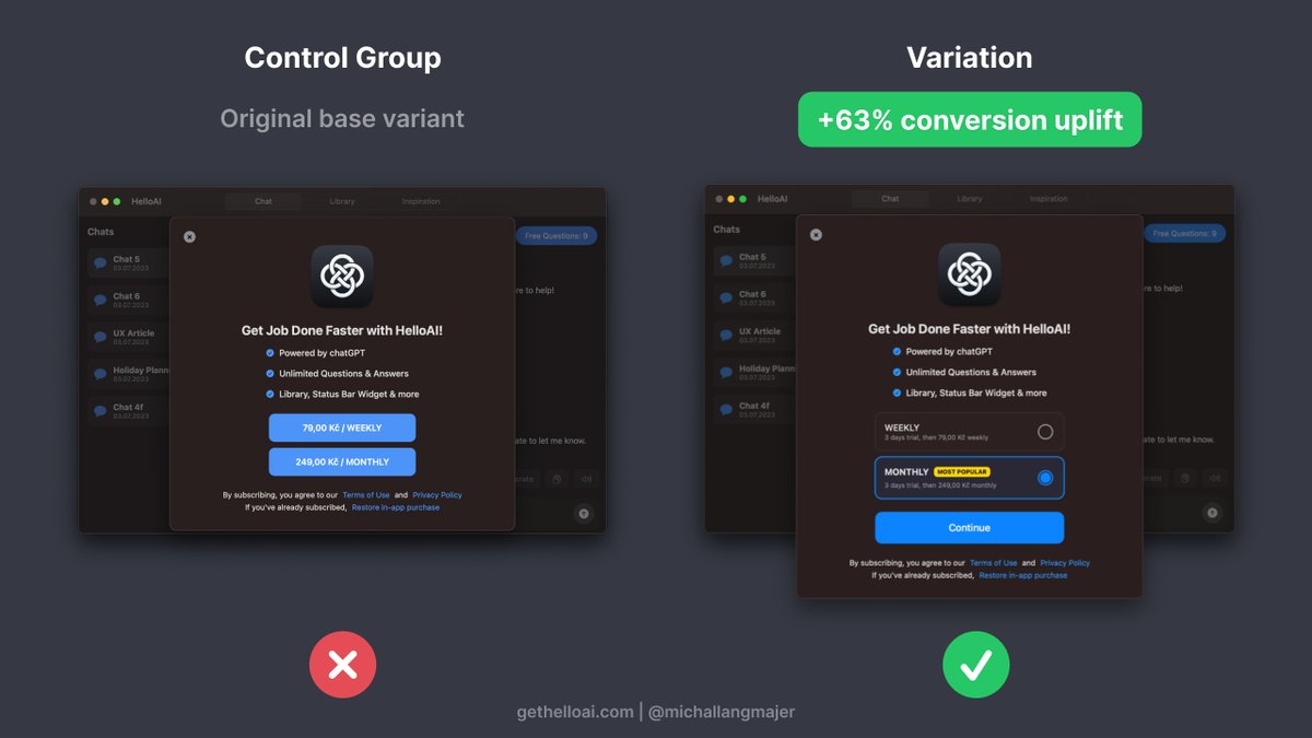 MichalLangmajer's tweet image. 63% conversion boost just by tweaking buttons?😎

While developing gethelloai.com, I noticed the lack of resources for CRO and UX of macOS apps... so I&apos;ve decided to share some of my findings. Here is the first one. 🙏