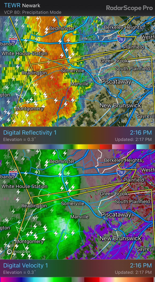 Don’t love the looks of that. 

Storm is heading generally ENE towards Piscataway and the Plainfields in NJ.

If I were in the area I would be mindful of the chance for a spinup tornado next hr; damaging winds an obvious hazard, and a severe thunderstorm warning is in effect. https://t.co/UpfDBks0YX