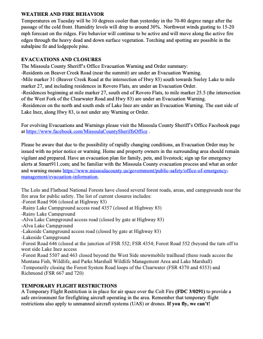blairmiller's tweet photo. #ColtFire 4,390 acres and 0% contained. A community meeting is happening at Seeley Lake Elem. from 7-8 p.m. The fire spotted and did cross FR 646 yesterday, burning six acres. Burnout from the road is being considered today. Better temps and humidity levels today. #mtfire #mtwx https://t.co/tZrytsmIKM