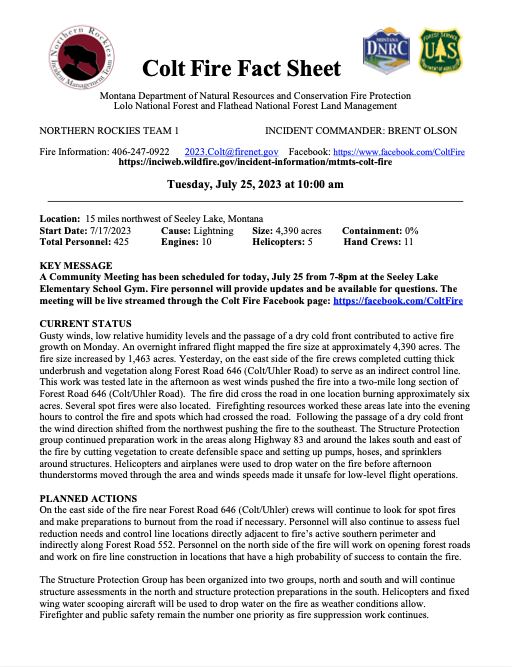 blairmiller's tweet photo. #ColtFire 4,390 acres and 0% contained. A community meeting is happening at Seeley Lake Elem. from 7-8 p.m. The fire spotted and did cross FR 646 yesterday, burning six acres. Burnout from the road is being considered today. Better temps and humidity levels today. #mtfire #mtwx https://t.co/tZrytsmIKM