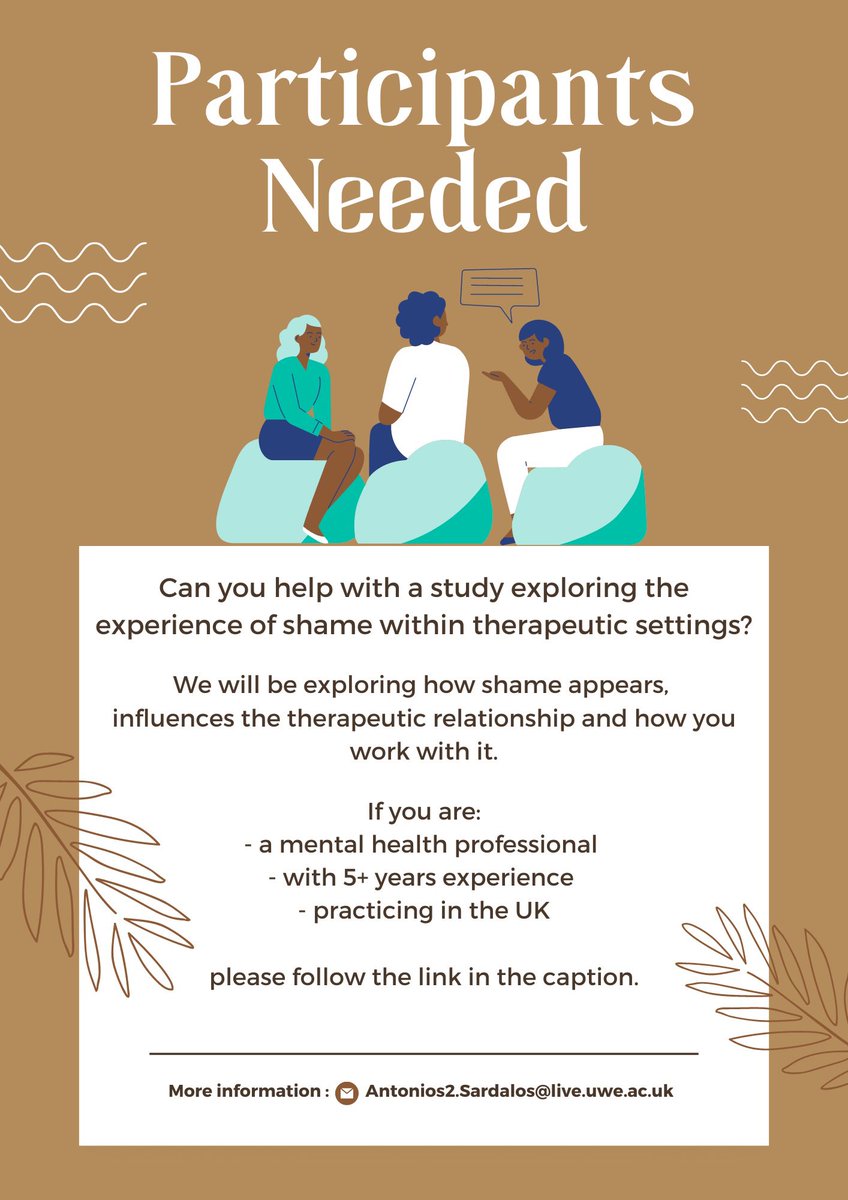 I am conducting a #study exploring the experience of #shame within therapeutic settings.

If this sounds interesting and you would like to know more, follow the link uwe.eu.qualtrics.com/jfe/form/SV_8x…

#mentalhealth #research #psychology #therapy