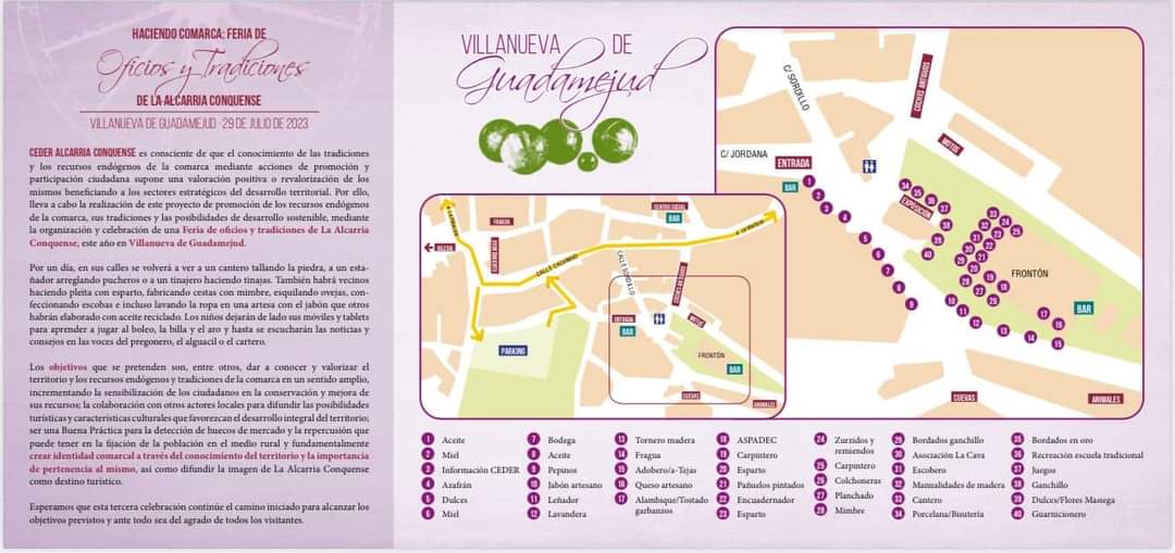 III Feria de Oficios y Tradiciones de La Alcarria Conquense. 29 de julio en Villanueva de Guadamejud.
Oficios, exposiciones, visitas guiadas, actividades, talleres, conferencia y actuación folklórica. #feriaoficios #feriatradiciones #alcarriaconquense #turismoycultura