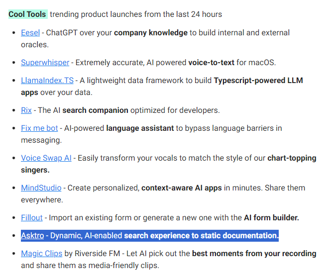 asktro_'s tweet photo. Thanks @bensbitesdaily for including @asktro_ in the list of cool tools and product launches 👀 https://t.co/zrpkZWycMn