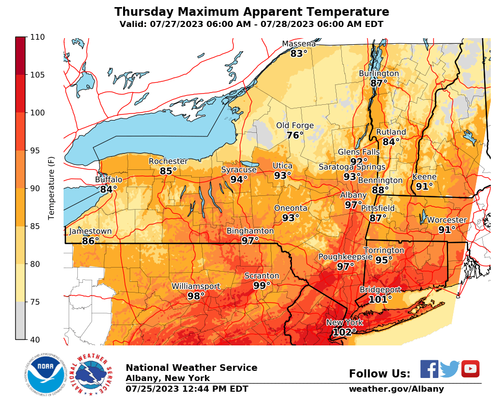 GovKathyHochul's tweet photo. Dangerous heat is forecast for the entire state Thursday through Saturday, with heat indices expected to reach the 100s in some areas. 

Please plan to reduce time outside, stay hydrated, &amp; check on your neighbors. 

Find a cooling center near you: https://t.co/lmgp0k8XJL https://t.co/GQ2d8XCV3c