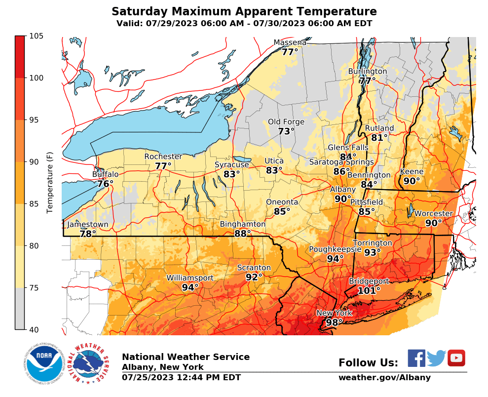 GovKathyHochul's tweet photo. Dangerous heat is forecast for the entire state Thursday through Saturday, with heat indices expected to reach the 100s in some areas. 

Please plan to reduce time outside, stay hydrated, &amp; check on your neighbors. 

Find a cooling center near you: https://t.co/lmgp0k8XJL https://t.co/GQ2d8XCV3c