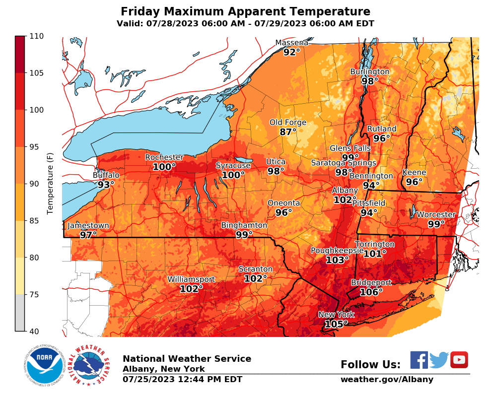 GovKathyHochul's tweet photo. Dangerous heat is forecast for the entire state Thursday through Saturday, with heat indices expected to reach the 100s in some areas. 

Please plan to reduce time outside, stay hydrated, &amp; check on your neighbors. 

Find a cooling center near you: https://t.co/lmgp0k8XJL https://t.co/GQ2d8XCV3c
