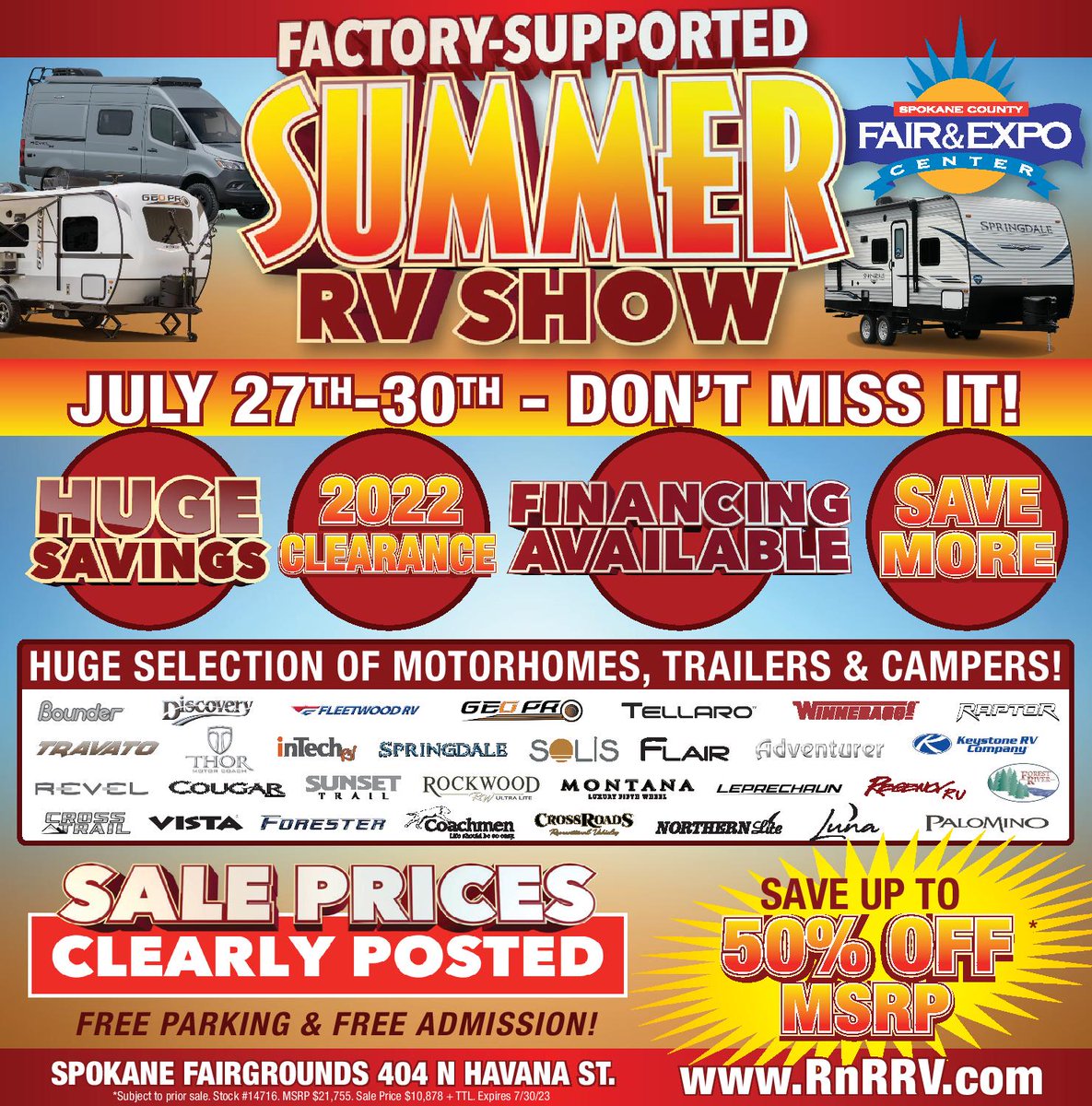 RNRRVLibLake's tweet photo. Don't miss out on our Factory Supported Summer RV Show! July 27th - 30th at the Spokane County Fair &amp; Expo Center. 10-7 on  Thursday - Saturday, 10-5 on Sunday. 

Stop by and see us! https://t.co/EGcYZziFtu