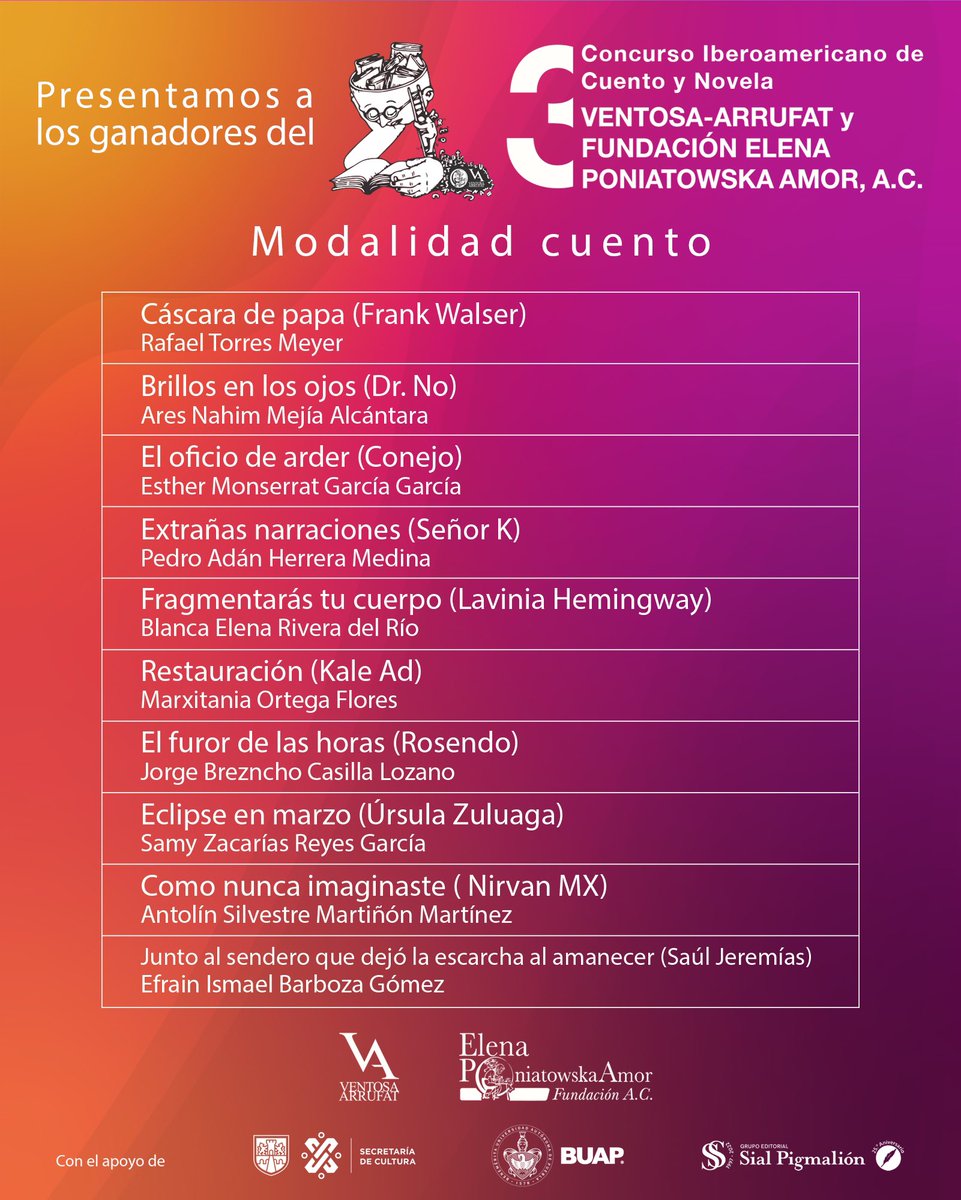 Presentamos a los ganadores del 3 Concurso Iberoamericano de Cuento y Novela Ventosa-Arrufa y Fundación Elena Poniatowska Amor, A.C.