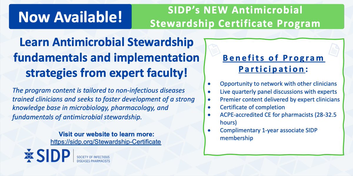We’re excited to release our new #AntimicrobialStewardship Certificate Program! 

To view the program description and register, please visit sidp.org/Stewardship-Ce… #TwitteRx #IDTwitter #ASP #stewie