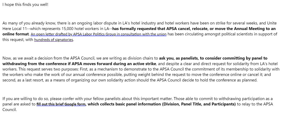 The chairs of the APSA Comparative Politics of Developing Countries division (@jessicaajrich and @BruleRachel) are asking panelists to consider withdrawing from APSA or moving their panel to a virtual setting 

I'm not putting my money on #APSA2023