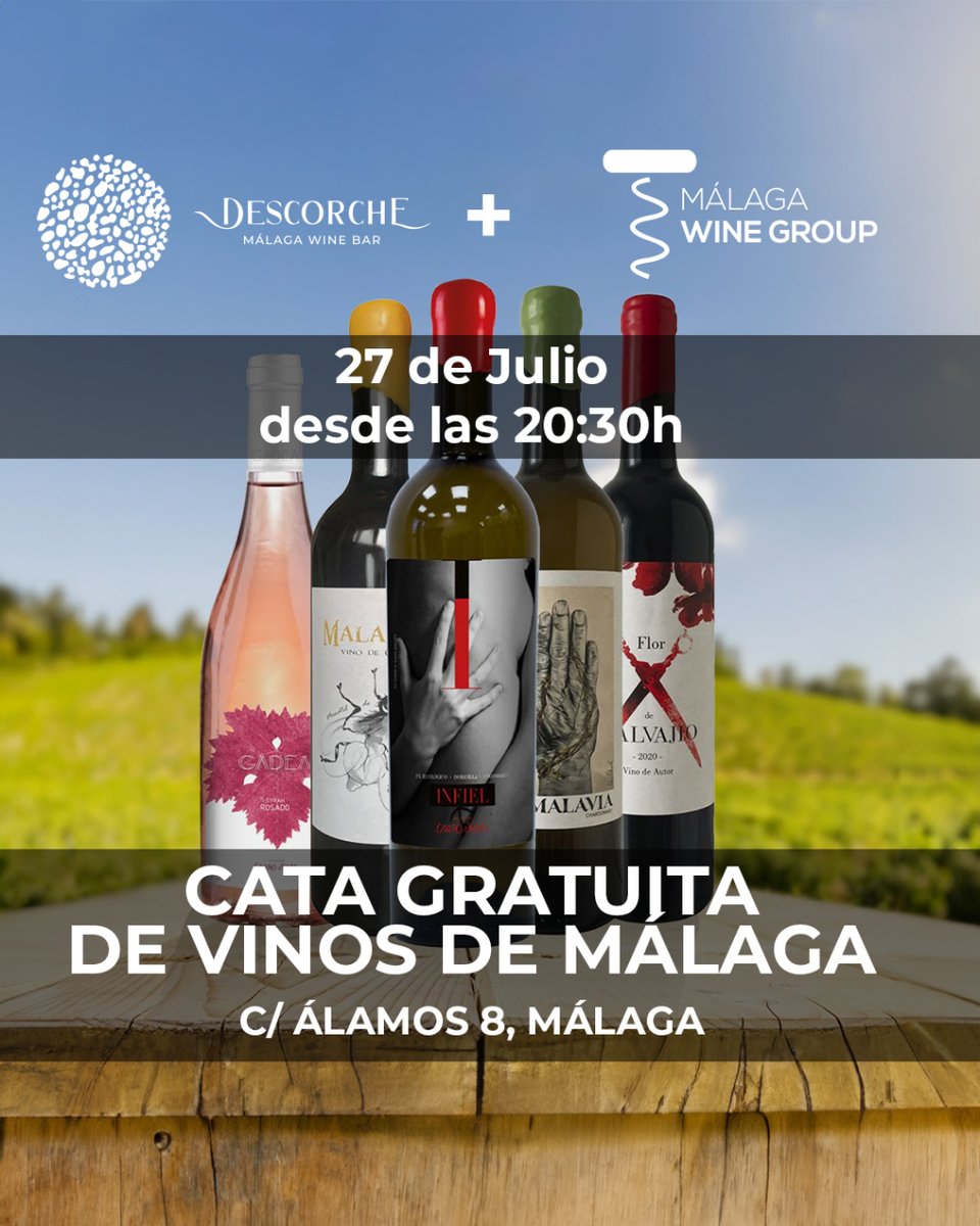 Málaga Wine Group se alía con Descorche Málaga Wine Bar para ofrecerte una DEGUSTACIÓN GRATUITA de Vinos de Málaga este Jueves 27 de Julio a partir de las 20:30h.
¡Ven a Descorche!

📍C / Álamos 8 #Málaga