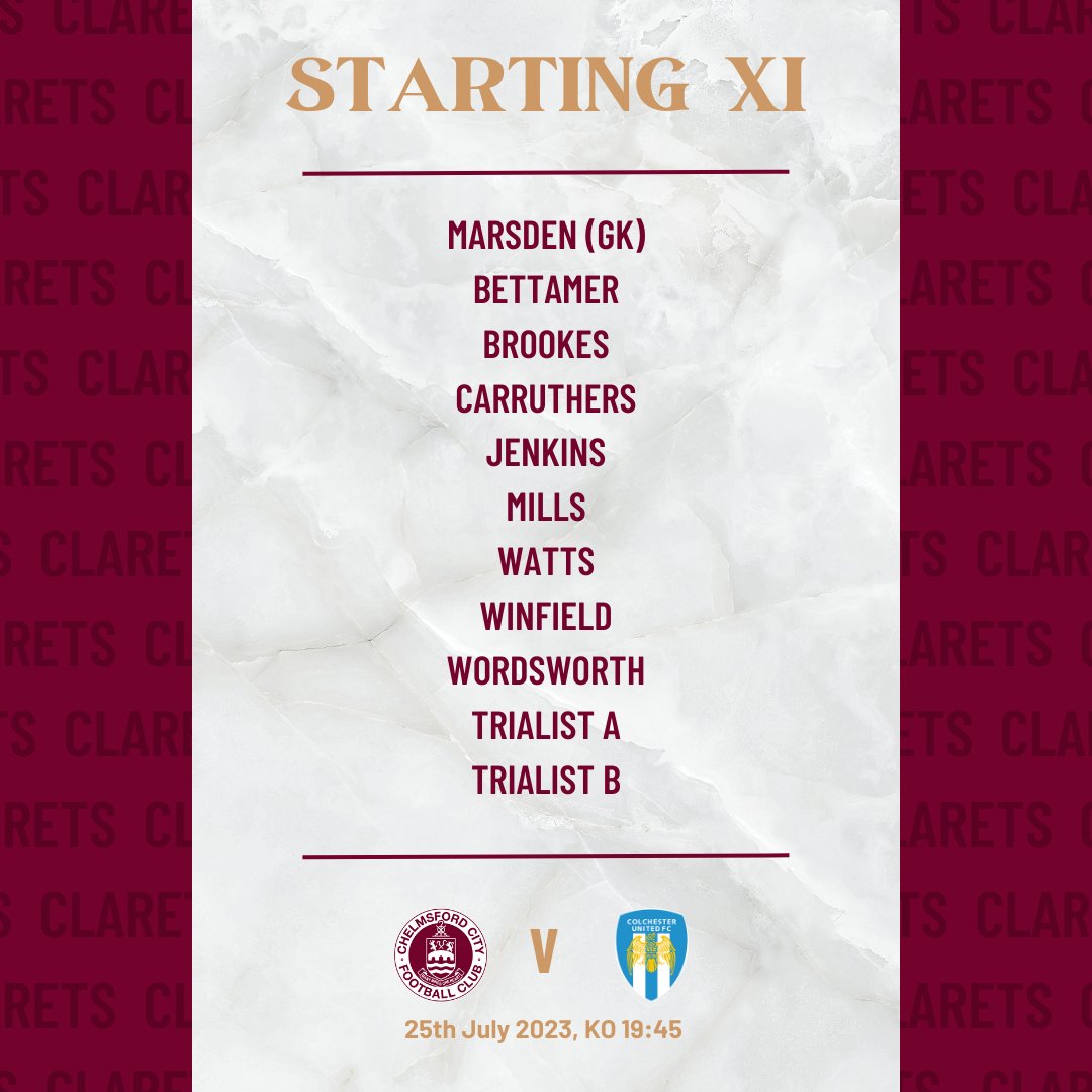 OfficialClarets's tweet photo. Here's how we line-up in both our fixtures tonight, the game is underway in Mildenhall and the teams are just coming out at Coggeshall where we will be bringing you updates from our game against Colchester United!

#ClaretsTogether https://t.co/nkOcLIRYBq