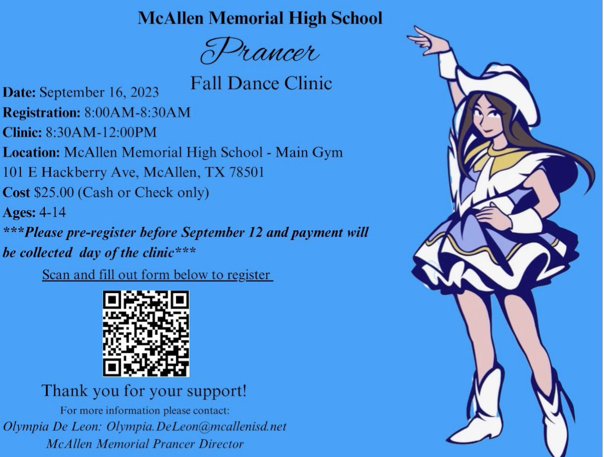 MemorialPrance1's tweet photo. McAllen Memorial Prancers will be hosting their Fall Dance Clinic on Saturday, September 16. Participants will perform with the Prancers on October 6, 2023 during our halftime performance at McAllen Memorial vs Nikki Rowe Varsity Game.

Thank you for your support! 💙💛 https://t.co/l3YU3X7ZeC