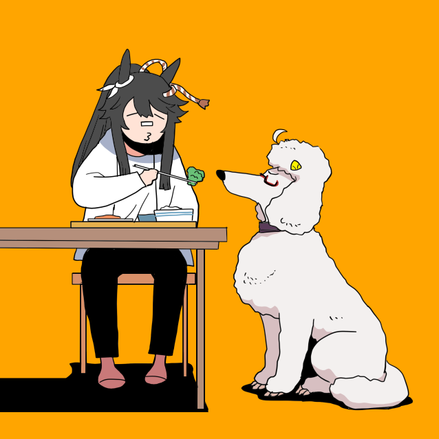 ナリタブライアン(ウマ娘) 「ブライアンとハヤヒデプードル(スタンダード) 「よしよし、ブロッコリーをお食べ」」|鬼頭（おにこべ）りんのイラスト