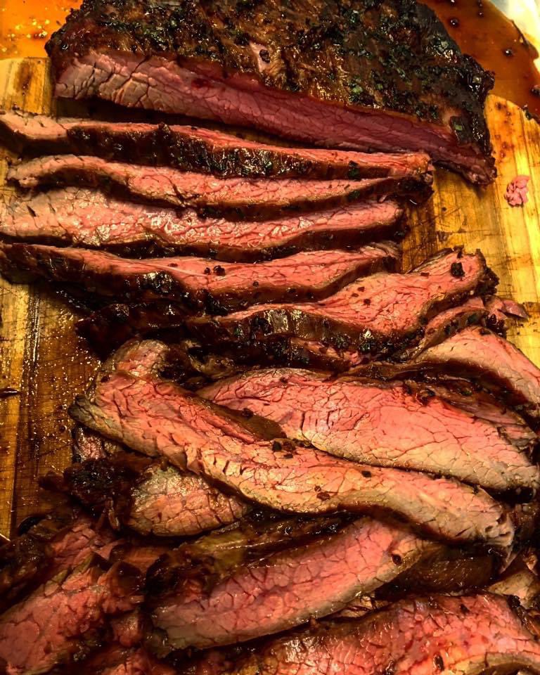 DivaQBBQ's tweet photo. Marinated Flank Steak 
3 lb Flank steak 
Marinade: 
1/2 c soy sauce 
1/4 c rice wine vinegar 
3 tbsp honey 
3 tbsp dried chives 
2 tbsp minced fresh ginger 
2 tbsp minced garlic 

Mix marinade ingredients in a gallon size resealable bag. Add steak & Seal bag fridge overnight  Set grill to 350F
Remove steak from bag discard marinade. Season with s & p. 
Grill steaks till the intern temp is 135f Remove from from grill rest 10 minutes slice thinly across the grain. Serve, make tacos, salads or ???