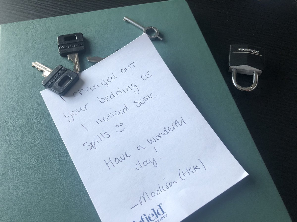 becoming_bear's tweet photo. So, I travel a lot for business.
I canโt say I can ever recall getting a note from housekeeping.
Let alone one identifying proactively changing the bedding.
What, I wonder, is the semiotics of a smiley face next to, โI noticed some spills?โ
#curiousbear https://t.co/4RF9PWOVqk