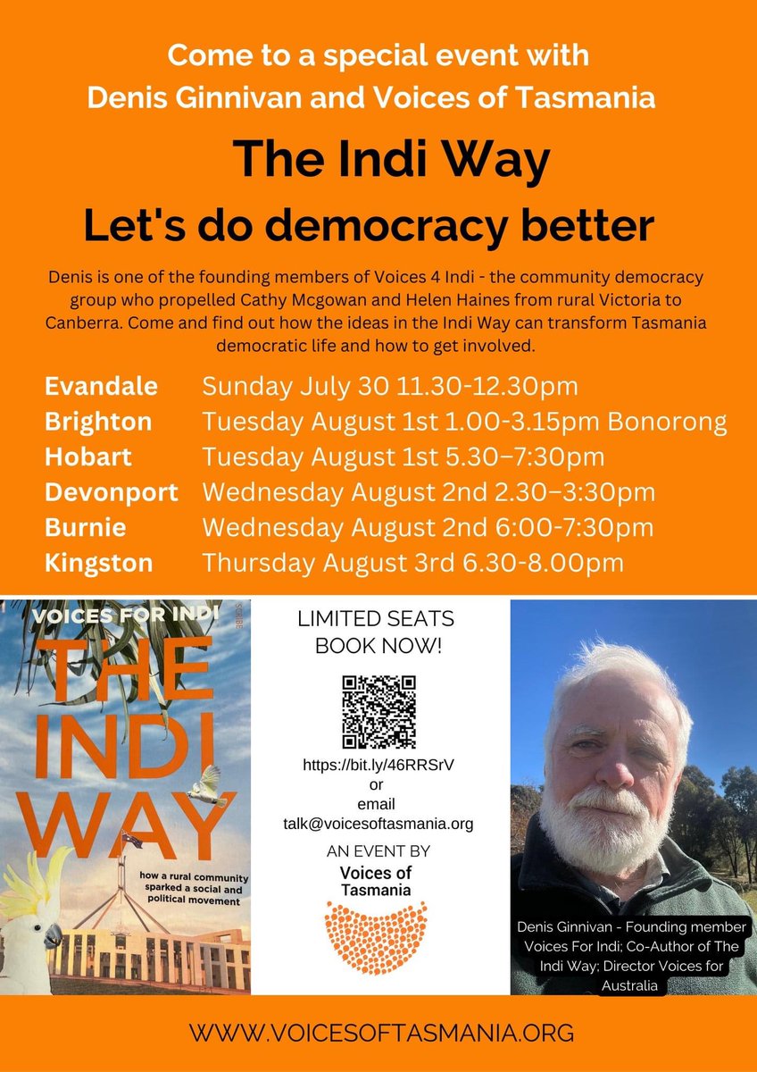 Looking forward to meeting with you @VoicesTasmania discussing The Indi Way, and community participation in our democracy. @dginnivan @adropex @voicesforindi @greenbus @AustraliareMADE @CommunityIndeps