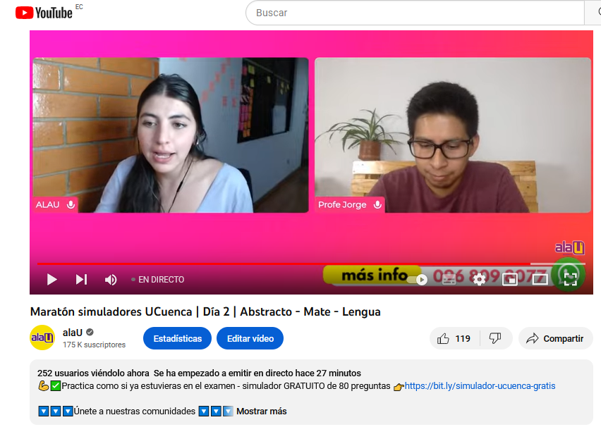alauec's tweet photo. Más de 250 jóvenes estudiando gratis en YouTube para el examen de admisión de la #UCuenca.

#Admisión2023 https://t.co/G50X0oY3to