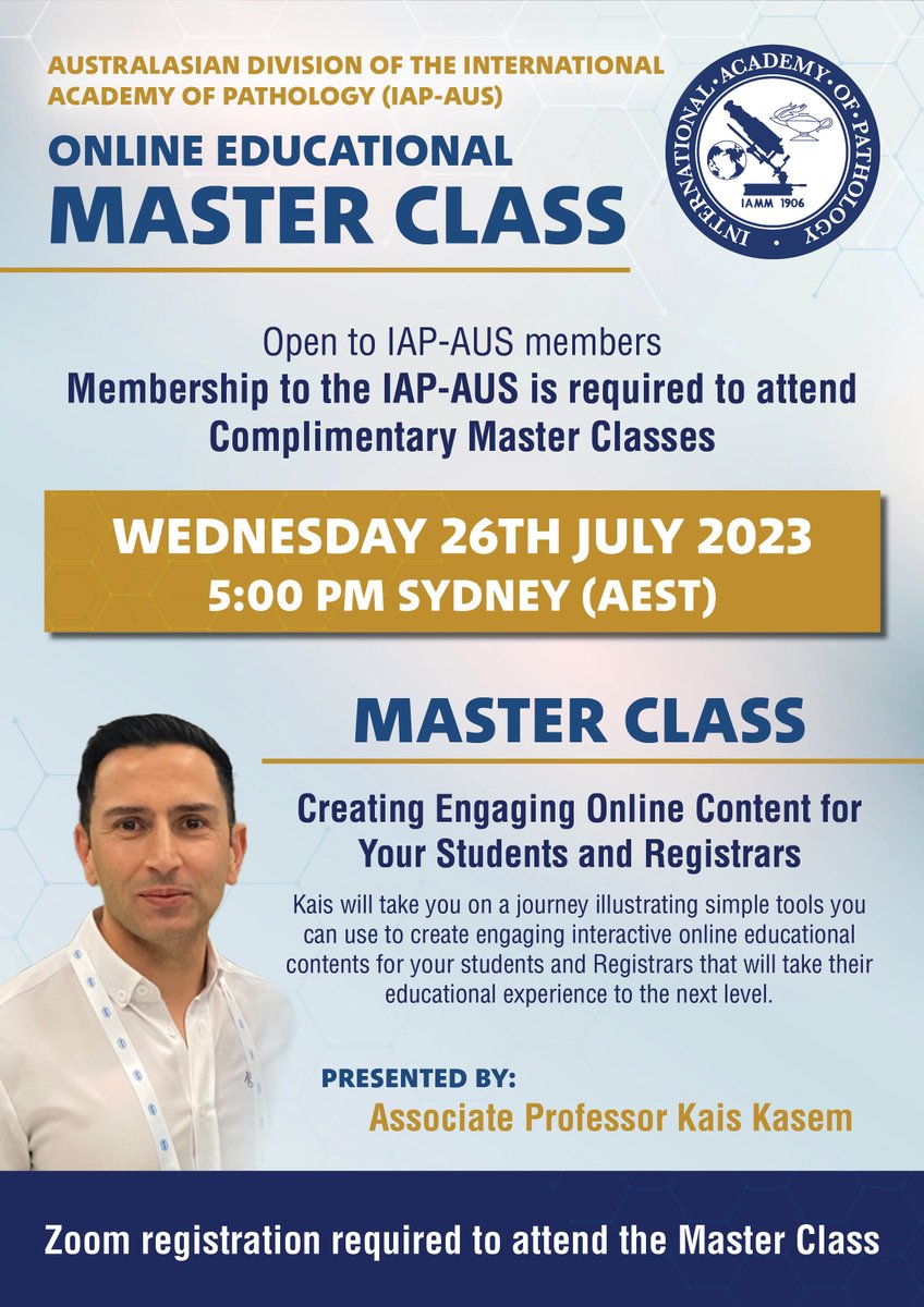 The Australasian Division of the IAP (@iap_aus) on Twitter photo ✏️Complimentary July Master Class
🎓Creating Engaging Online Content for your Students and Registrars
🎓Associate Professor Kais Kasem 
Register below!!
👇👇👇
us06web.zoom.us/meeting/regist… ✏️Complimentary July Master Class
🎓Creating Engaging Online Content for your Students and Registrars
🎓Associate Professor Kais Kasem 
Register below!!
👇👇👇
us06web.zoom.us/meeting/regist…
