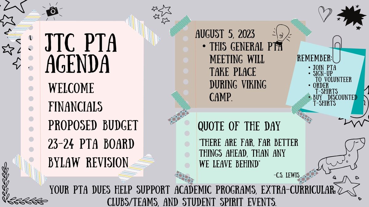 JTC_PTA's tweet photo. Our first General PTA Meeting will be held during Viking Camp. We cannot wait to see you there! See flyer below for more information. https://t.co/ykRdA8pRyk
