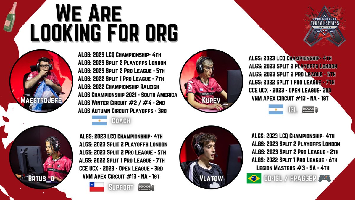 maestrojefe1's tweet photo. LFO / Buscando Organizacion

Estamos buscando una organización para el ALGS Year 4 de la Pro League en SA con la cual trabajar a largo plazo.

Contacto:
maestrojefeok@hotmail.com

@Kurevvv
@BRUH_TUS
@Vlatow 

Se agradece la difusion y recomendacion 🤝.
RT/LIKE = ❤️ https://t.co/z8n2UQwfp5