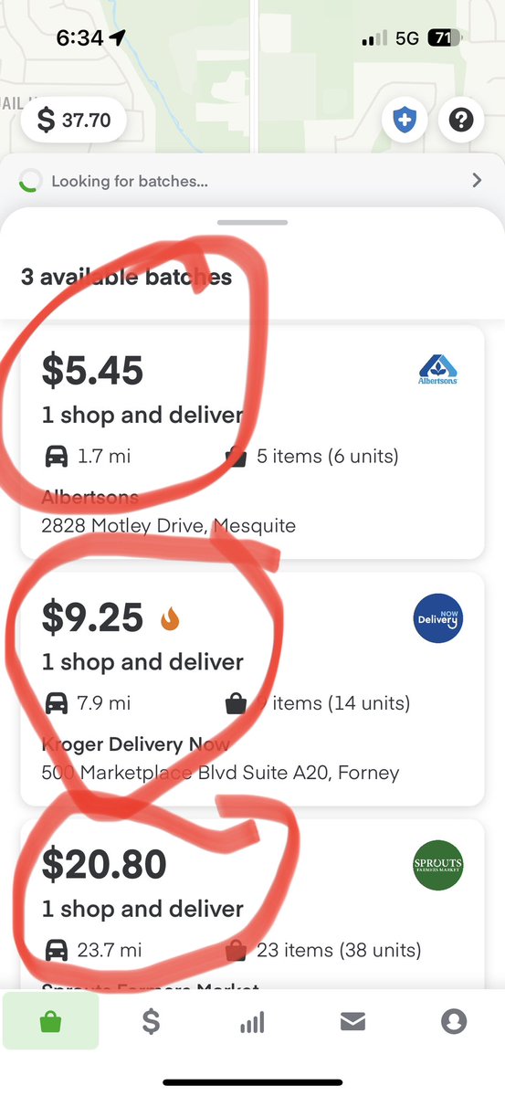 THATBTSARMYMOM's tweet photo. Um, @Instacart it’s rush hour in DFW, y’all decreased batch pay, and gas is $3.50 a gallon. What is the point of delivering for tall if this is what we can expect to be making. This has been all day. I’ve never seen it so bad. What the hell is going on? #instacart https://t.co/ARI5JS8bzV