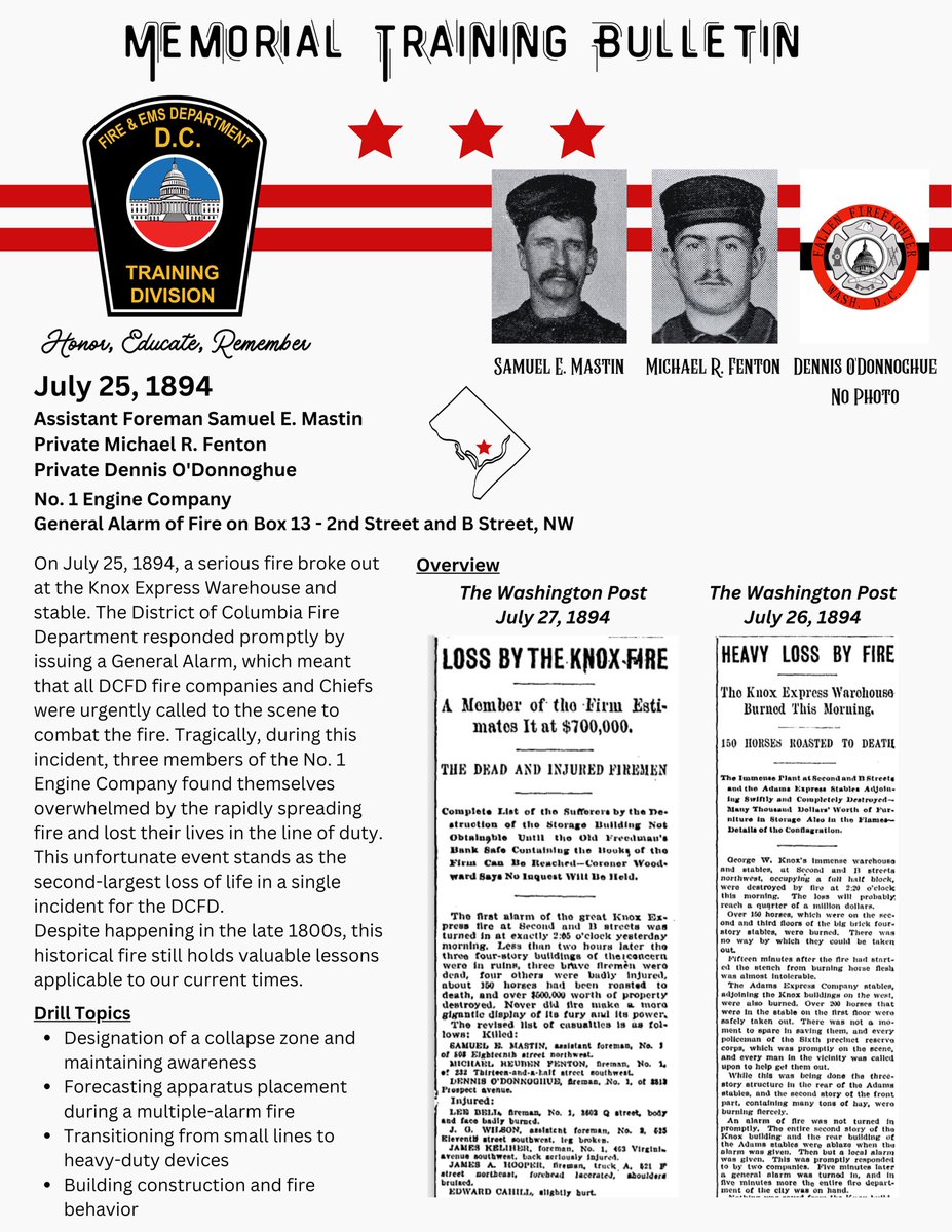 DCFDKelleher's tweet photo. D.C.F.D. Memorial Training Bulletin - Assistant Foreman Samuel E. Mastin, Private Michael R. Fenton, and Private Dennis O’Donnoghue (07-25-1894) @dcfireems @NFFF_News #DCFDHistory #DCFD #LODD https://t.co/qr03xY3ZWB