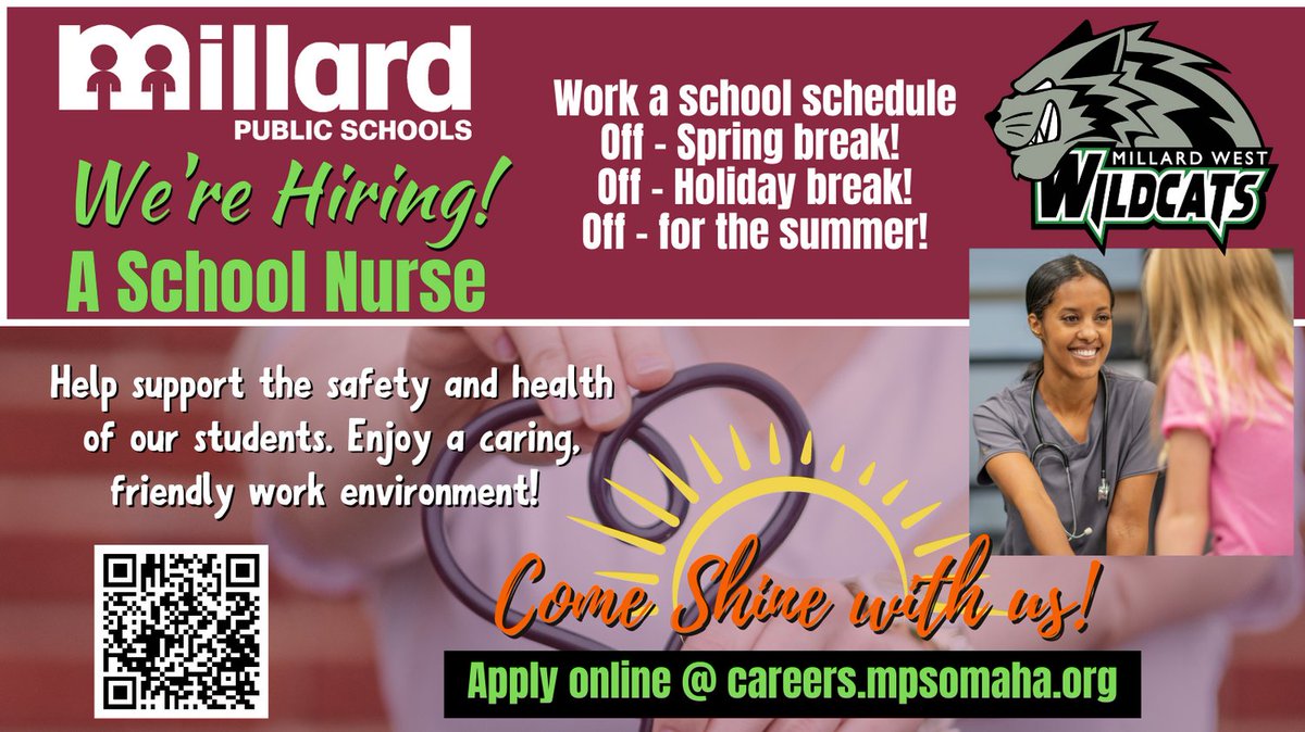 Are you a compassionate professional ready to support the safety and health of students? Millard West Wildcats are hiring a school nurse. Apply today and join our caring team! careers.mpsomaha.org #SHINEwithMPS #Proud2bMPS @MPSHR #WildcatPower @MWHSWildcats #SchoolNurse