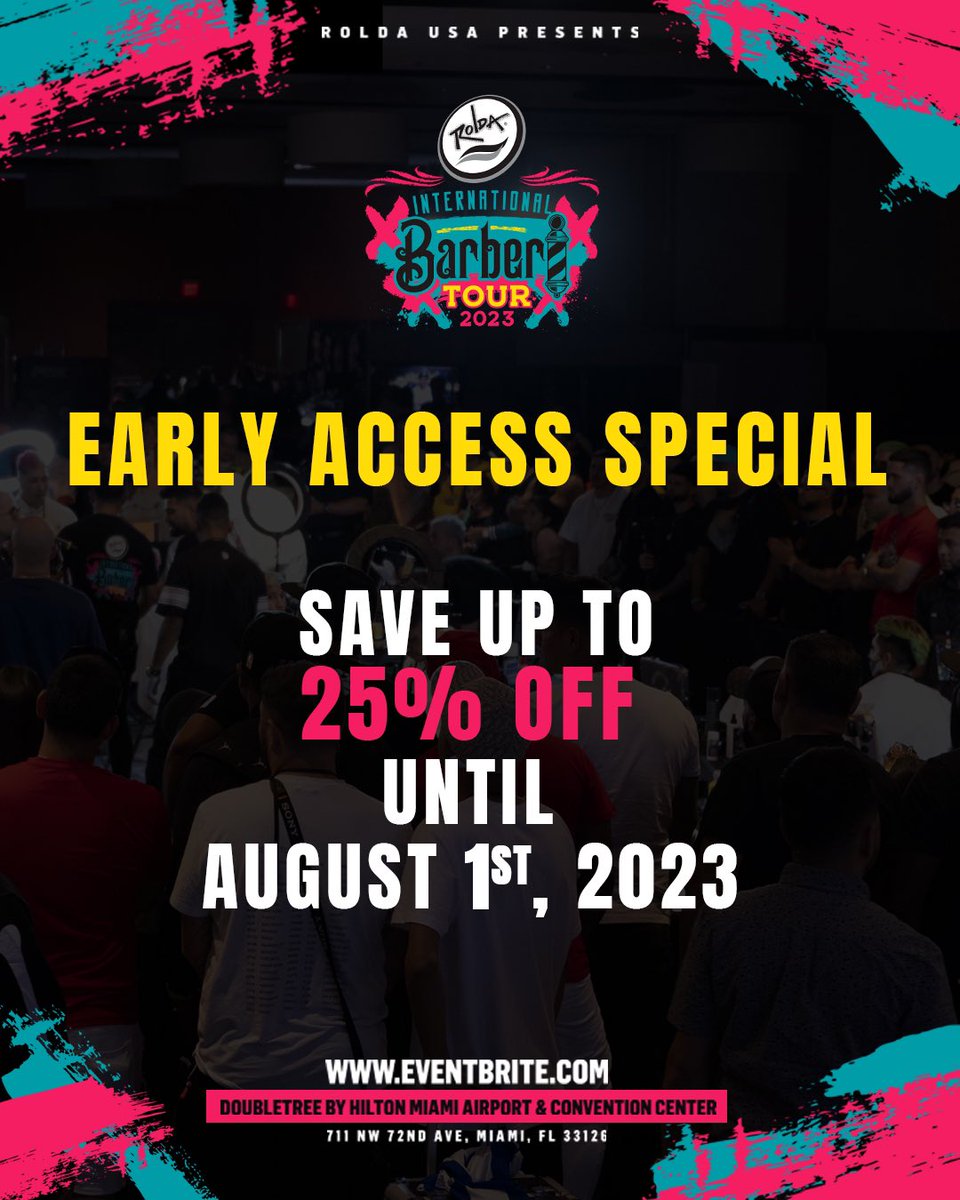 RoldaUSA's tweet photo. Miami we’re back again‼️
Early Access tickets now available! 
Save up to 25% Off until August 1st! (Link in bio) 

#rolda #miami #roldatour2023 #barberbattle https://t.co/qicmIc7PbI