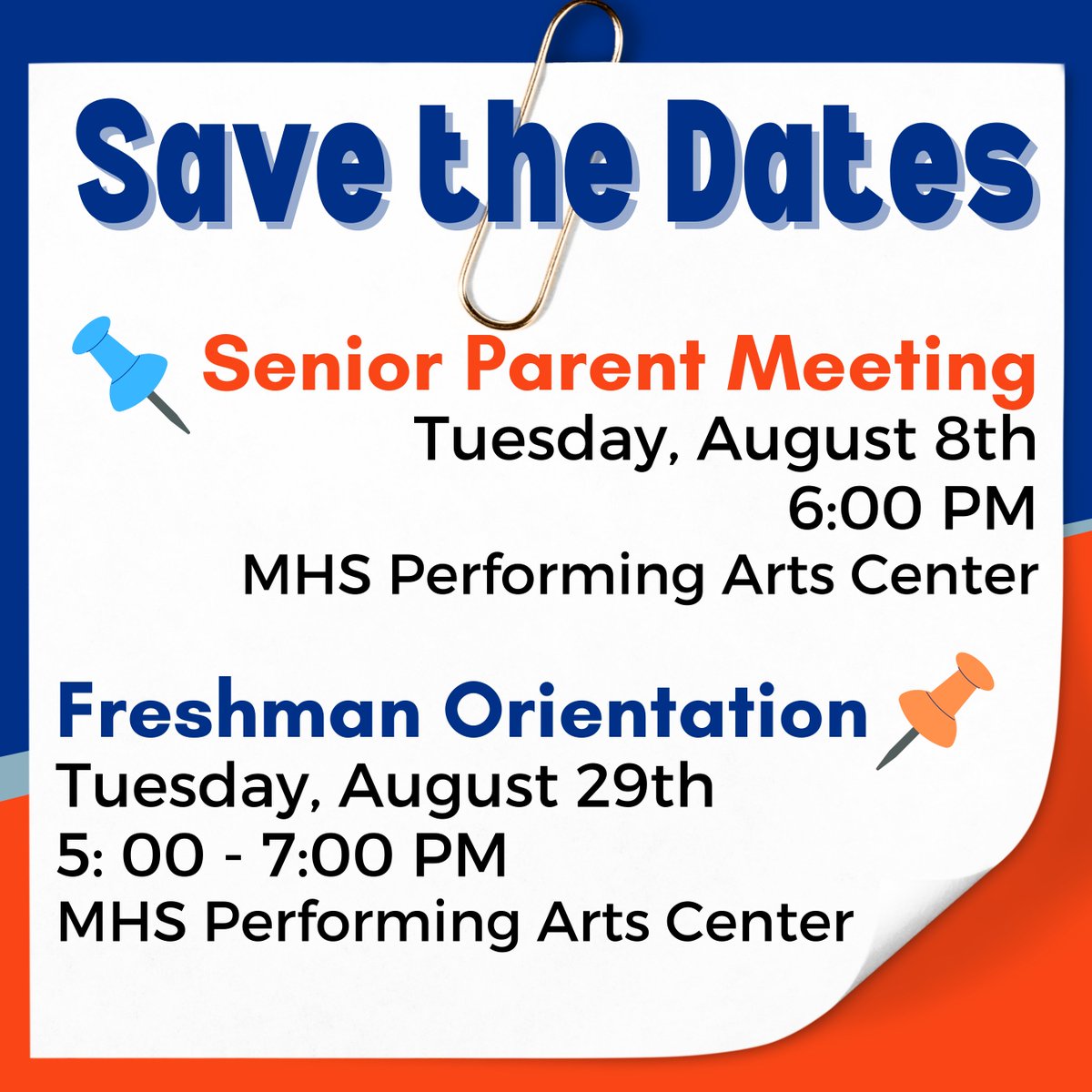 📌Save the dates! Join us for our Senior Parent Meeting on Tuesday, August 8th and our Freshman Orientation on Tuesday, August 29th. Both events will be held in the new MHS Performing Arts Center. We hope to see you there! ⚡⚡