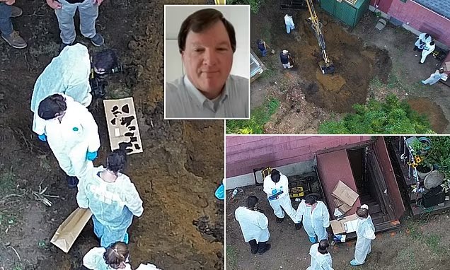 CoffindafferFBI's tweet photo. Photos from today at #RexHeuermann's home.

They are digging and finding more and more evidence. Tyvec suits, photographer snapping shots and the hole even deeper. 

His secrets were buried there. 

Notice the paper bags. These items are biodegradable. Thus, law enforcement will use paper bags, not plastic. 

They have unearthed so much evil.

#LISK 
#GilgoBeach 
#Gilgo4 
#Gilgo