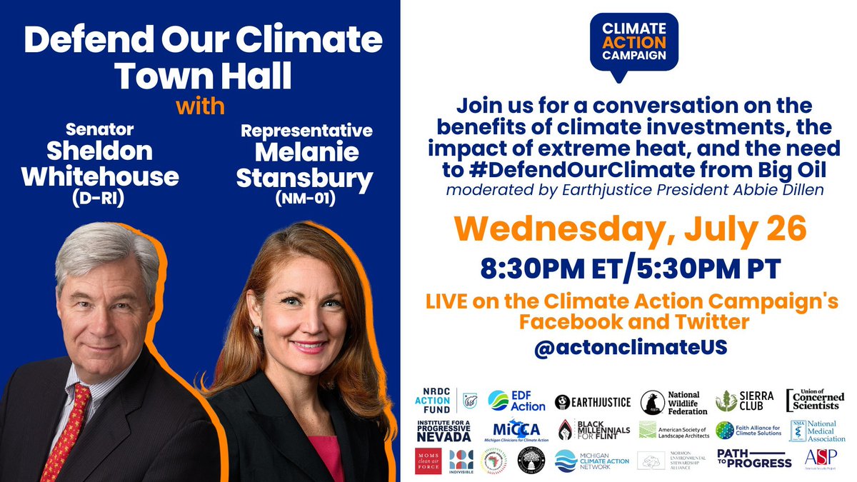 Join @SenWhitehouse & @Rep_Stansbury for a conversation on the benefits of climate investments, the impact of #extremeheat, & the need to #DefendOurClimate from Big Oil. @actonclimateUS