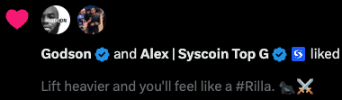 So... <a href="/proguerra/">Alex G</a> &amp; <a href="/Mansa_Godson/">Godson</a>, both true OGs on the <a href="/RolluxL2/">ROLLUX</a> ecosystem, agree with #RolluxRillaz.

The #Rilla condition requires strength and heavy lifting. 🔥

Heavylifter #Rillaz WL to these Legends? 🦍⚔️