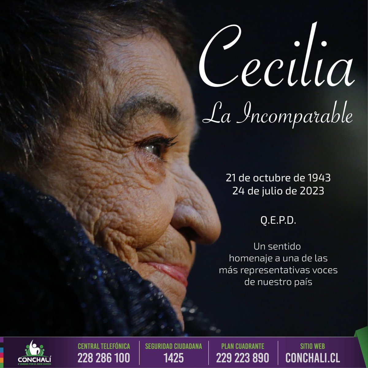[ADIÓS, CECILIA] 🕊️💜 Nos dejó una de las voces que llevó a Chile a lo más alto. Gracias Cecilia por tu talento, tu voz y tu irreverencia, ¡Fuiste incomparable! Descansa en paz Cecilia. 🕊️ #UnidosPorElBienComún 💜