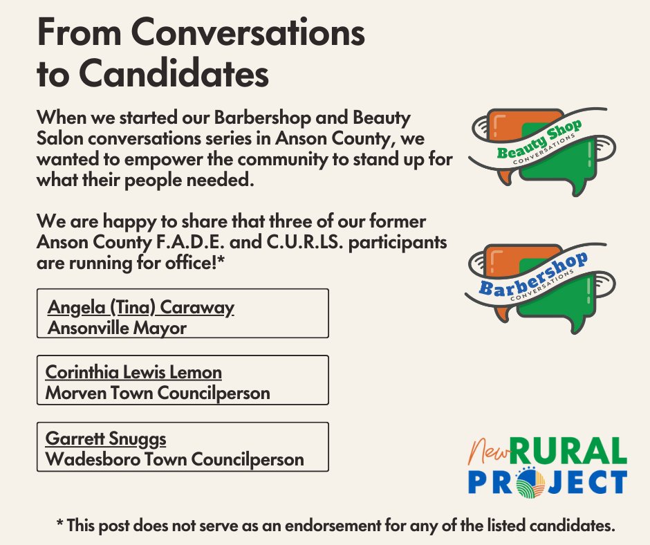 NewRuralProject's tweet photo. We started F.A.D.E. and C.U.R.L.S. to show how people can get involved in their communities — including serving in their local governments. We are thrilled to learn that three of our participants are running for office in #AnsonCounty! #NCPol https://t.co/7tCCoHlP7V