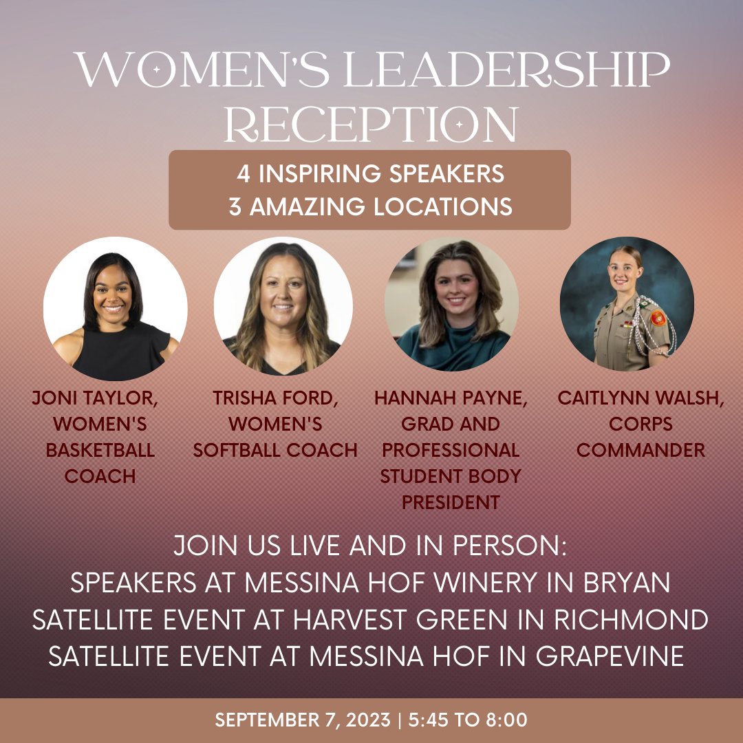 Register Today for our Aggie Women Leadership Reception on September 7.  4 great speakers in 3 amazing locations. aggiewomen.org/womens-leaders… #aggiewomen #womensleadership #gigem #tamu