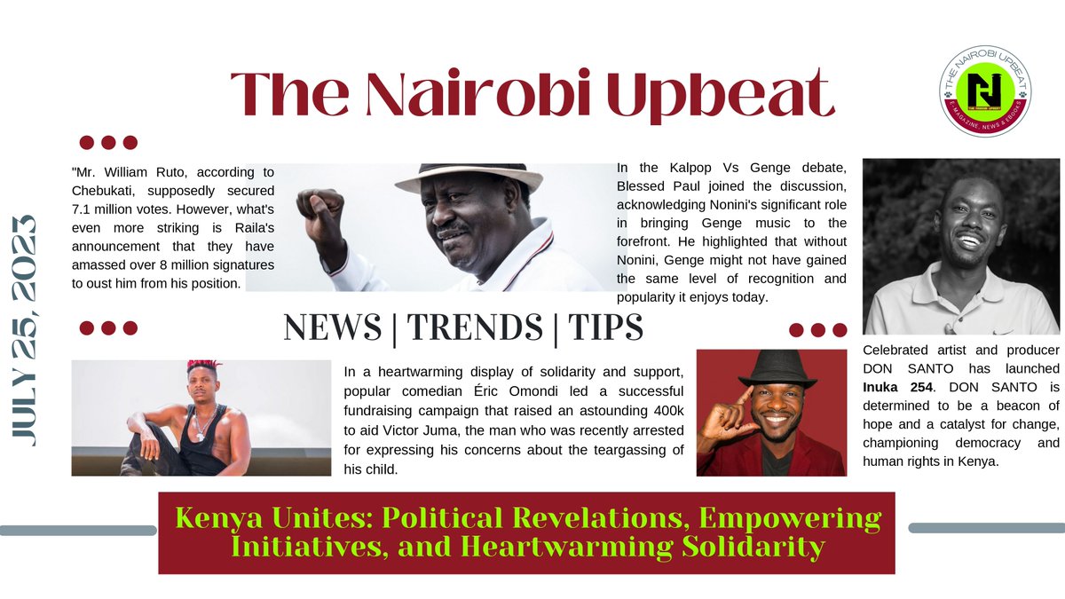 NairobiUpbeatHQ's tweet photo. #UpbeatDaily - July 25
In this edition of Upbeat Briefs, we bring you a collection of news that showcases Kenya's spirit of resilience, unity, and positive change.

Read more: https://t.co/3yUw90y3NL

#NairobiUpbeat #News #NewsBriefs #Kenya #Nairobi https://t.co/mrAsHF4Gha