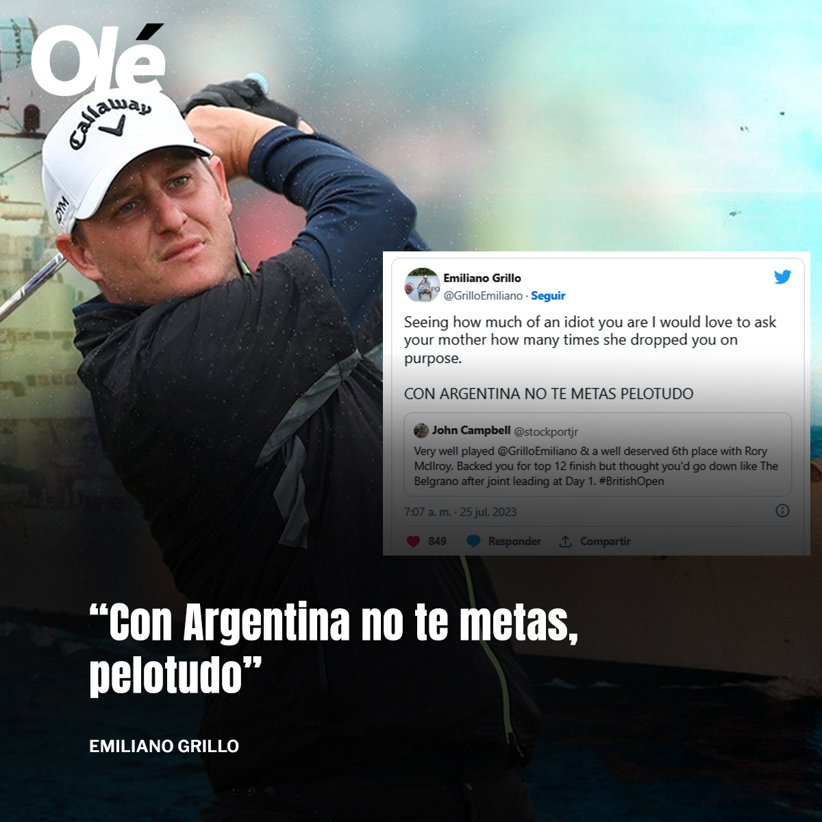 🇦🇷 Emiliano Grillo respondió un desubicado comentario que recibió haciendo referencia al hundimiento del crucero General Belgrano en la Guerra de Malvinas.

📲 "Viendo lo idiota que sos, me encantaría preguntarle a tu madre cuántas veces te dejó caer a propósito. CON ARGENTINA NO