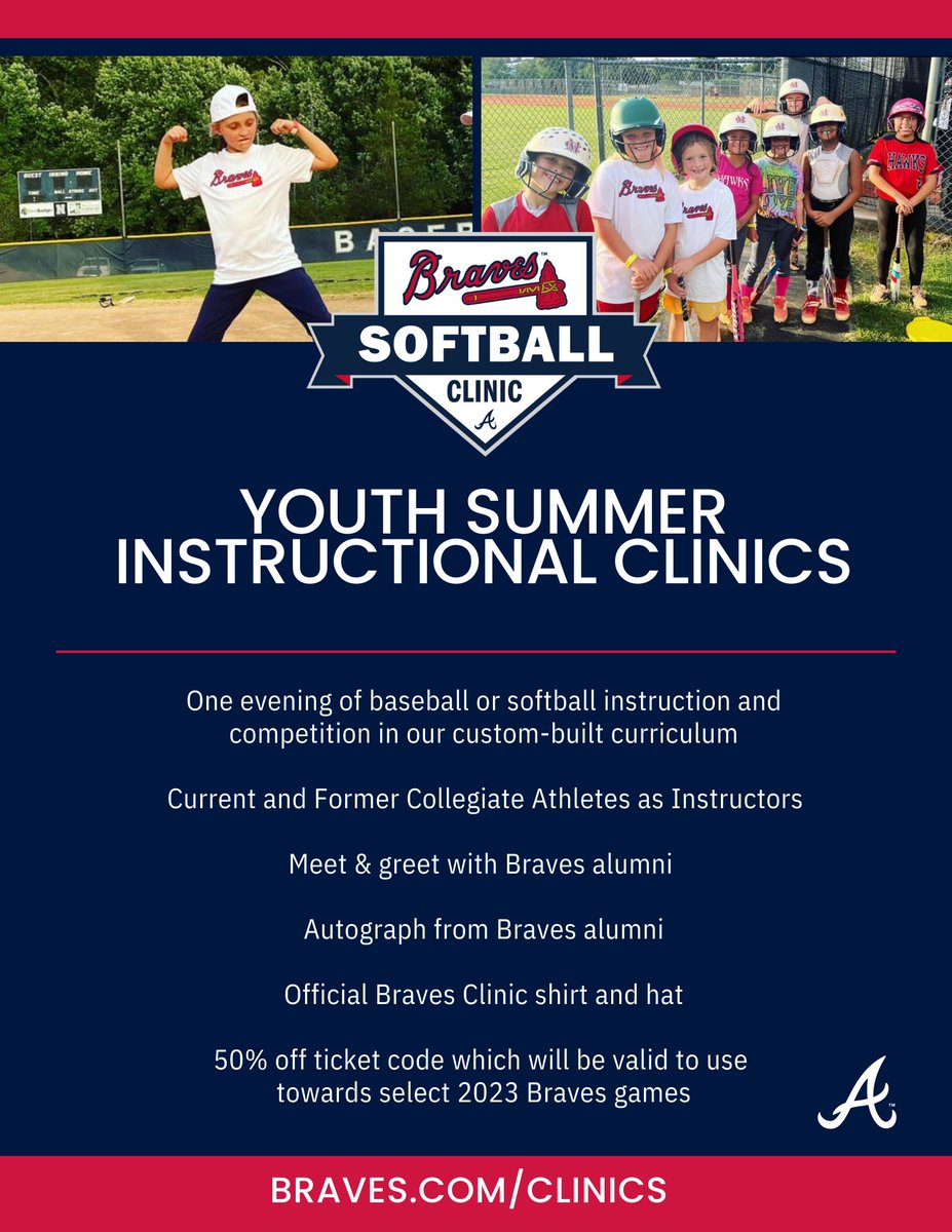 🚨 NEXT THURSDAY 🚨

On August 3, 2023 the Braves will be hosting Baseball &amp; Softball Clinics at Morgan Falls Park.

Sign up and find more information at 
Braves.com/clinics 

<a href="/Braves/">Atlanta Braves</a>  ⚾️🥎

#GoBraves #Braves #bravescountry #sandysprings #baseball #sports