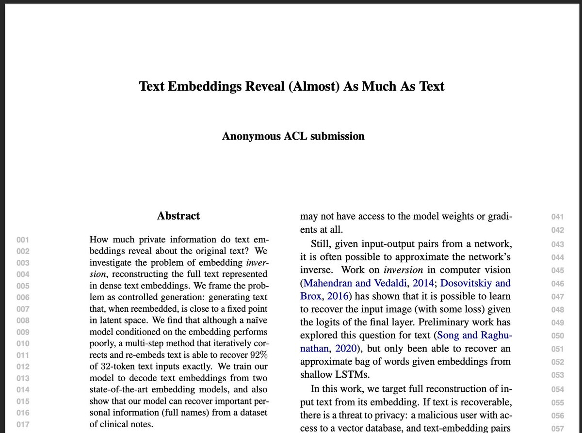 adolfovaldi's tweet photo. 🤯 #Vec2Text can reveal 92% of 32-token text inputs from embeddings alone! This game-changing research highlights the power of text embeddings, and potential privacy issues as vector databases infiltrate tech. A reminder to protect our embeddings. 🕵️‍♂️ #Privacy #AI #Tech https://t.co/oMVyhg9ldk