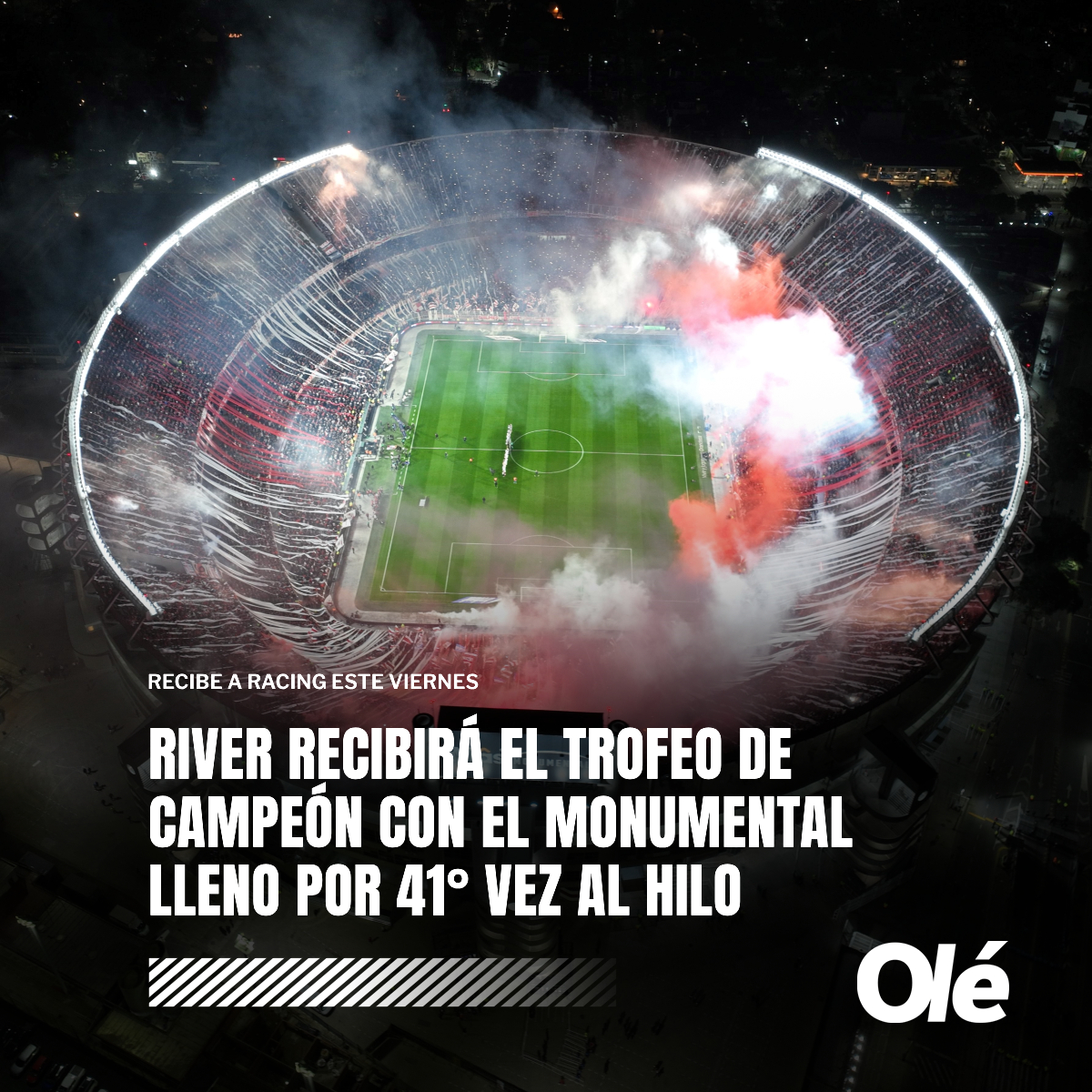 DiarioOle's tweet photo. Premiación Monumental 🏆⚪️🔴

🏟️ Este viernes una vez que finalice el partido frente a Racing, River será premiado con el estadio completo y será la vez 41° al hilo
