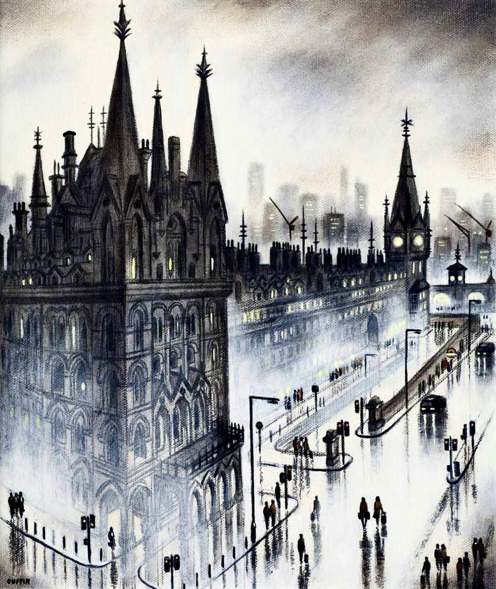 GrimArtGroup's tweet image. Night Train Rain, Kings Cross, St Pancras Station (Oil on Canvas) by John Duffin (b. 1965)