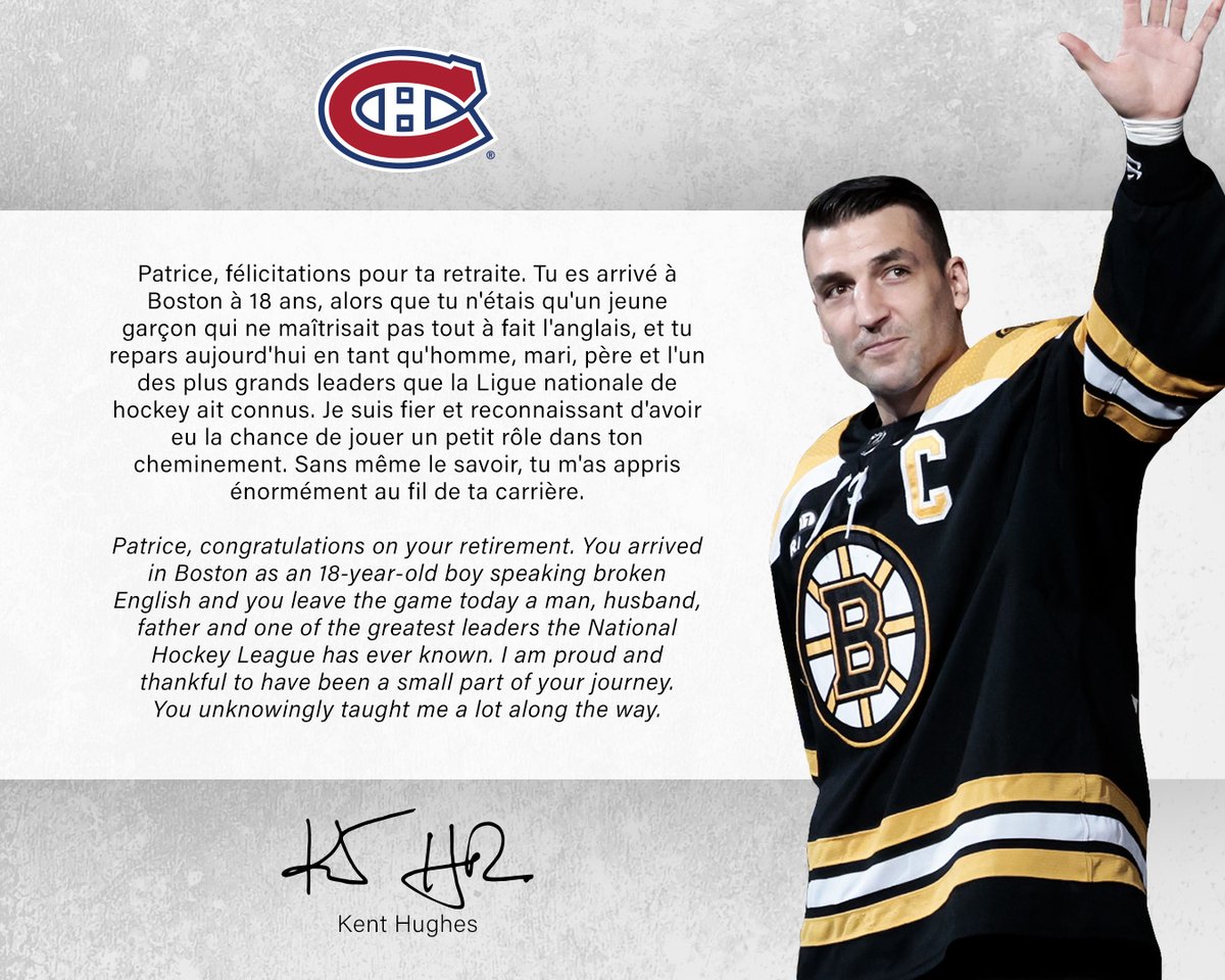 CanadiensMTL's tweet photo. Kent Hughes et les Canadiens souhaitent féliciter Patrice Bergeron pour sa longue carrière remplie de succès. 👏

Kent Hughes and the Canadiens congratulate Patrice Bergeron on an incredible career. https://t.co/sW4ParBPbi