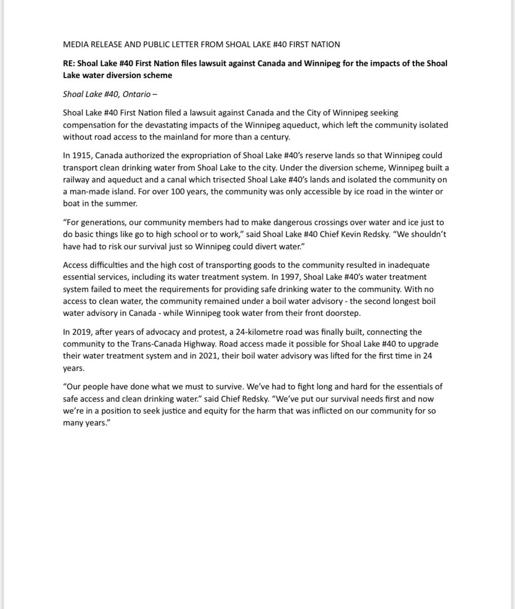 DennisWardNews's tweet photo. Shoal Lake #40 First Nation has filed a lawsuit against Canada and the City of Winnipeg seeking compensation for the “devastating impacts of the Winnipeg aqueduct, which left the community isolated without road access to the mainland for more than a century.” https://t.co/AkKqPbBaat