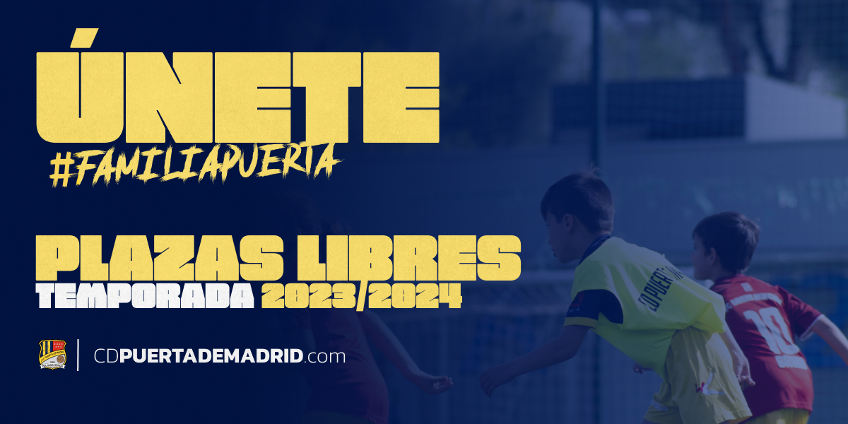 CDpuertaMadrid's tweet photo. 🚨PLAZA LIBRES TEMPORADA 2023/2024🚨 
Aún quedan plazas libres para jugar con nosotros la temporada que viene.

ÚNETE a la #FamiliaPuerta
📲 https://t.co/wPEjGF0Uli

#CDPuertaDeMadrid #CDPDM #FutbolMadrid #FutFem #FutbolBase #Majadahonda https://t.co/iF5yFb1Nzt