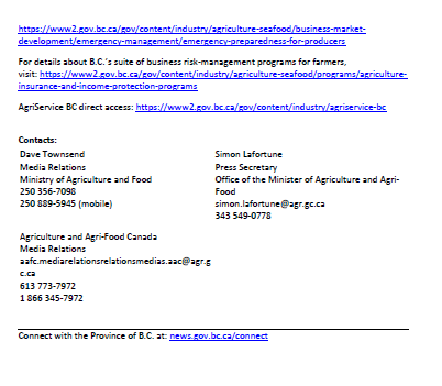 After speaking to farmers & ranchers who are facing challenges due to the current shortage of hay & feed across W Canada, we have made sure the tools are in place to support them. Thank you to the @BCcattle @BCMilk & Jennifer Dyson for joining us today! www2.gov.bc.ca/gov/content/dr…