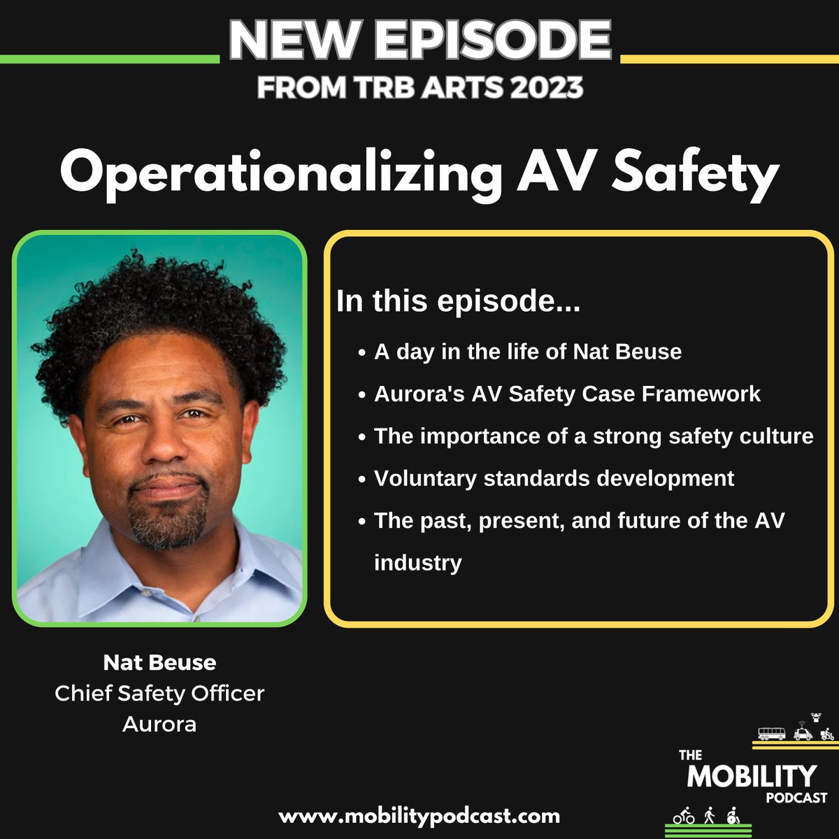 Building a safe AV requires a lot more—a whole lot more—than installing sensors and programming software.

@MoveGreg and <a href="/sophiejantz/">Sophie Jantz</a> sat down with Nat Beuse, Chief Safety Officer at <a href="/aurora_inno/">Aurora</a>, at #TRBautomated to dig deep into AV safety.

Tune in: bio.site/mobilitypodcast