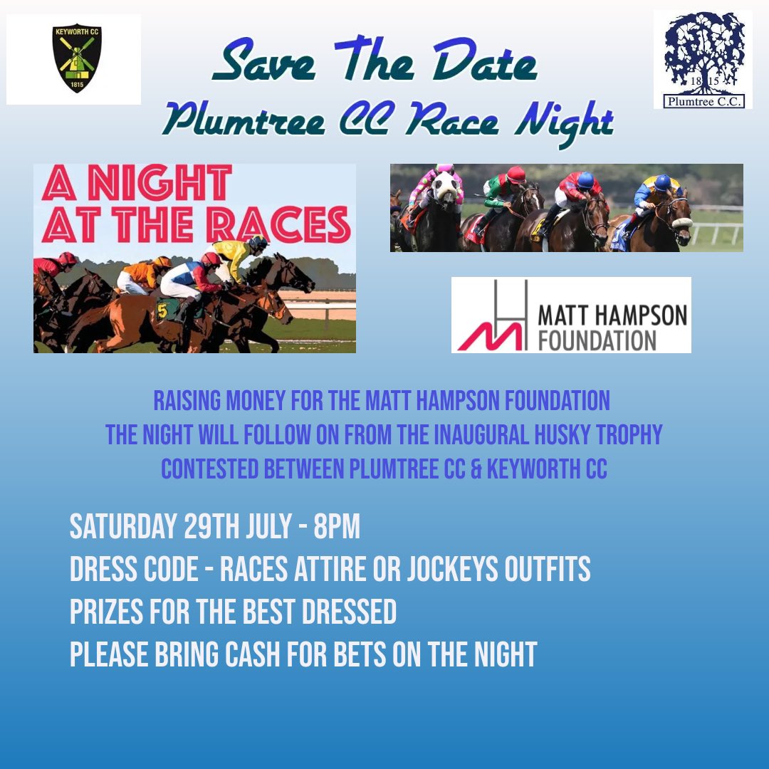 Plumtree CC (@plumtreecc) on Twitter photo Saturday night we are hosting a race night, raising money for <a href="/Hambofoundation/">Matt Hampson</a>. Details of how the night will work will be revealed on the night and in the mean time we kindly remind attendees to bring cash for bets and to dig out their best races attire. See you all Saturday🐎🥂 Saturday night we are hosting a race night, raising money for <a href="/Hambofoundation/">Matt Hampson</a>. Details of how the night will work will be revealed on the night and in the mean time we kindly remind attendees to bring cash for bets and to dig out their best races attire. See you all Saturday🐎🥂
