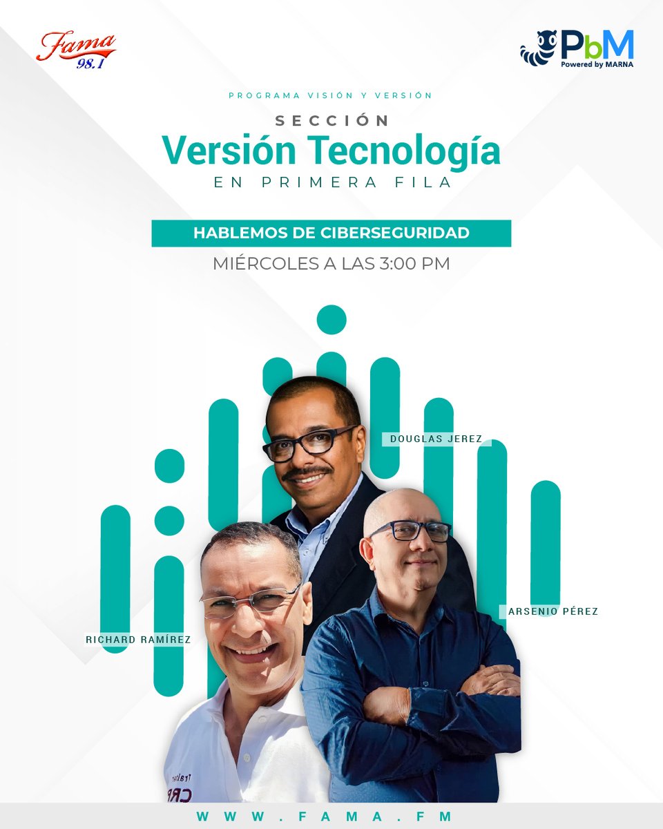 Red_PbM's tweet photo. Únete a nosotros en Visión y Versión por Fama 98.1 FM mañana miercoles a las 3pm para discutir acerca de ciberseguridad. Puedes sintonizarnos en https://t.co/jwe8Mcmou8 o YouTube "Fama 98.1 en vivo" #VersiónTecnología #ciberseguridad #Tecnologia https://t.co/NmotILbCyk