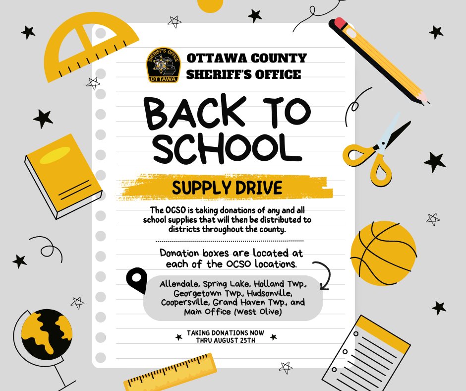 Can you help?! The OCSO is hosting a school supply drive just in time for school to start back up!  We will accept any and all supplies, and you can donate at any of the sheriff's office branches located throughout the county. Thank you for your help and support!